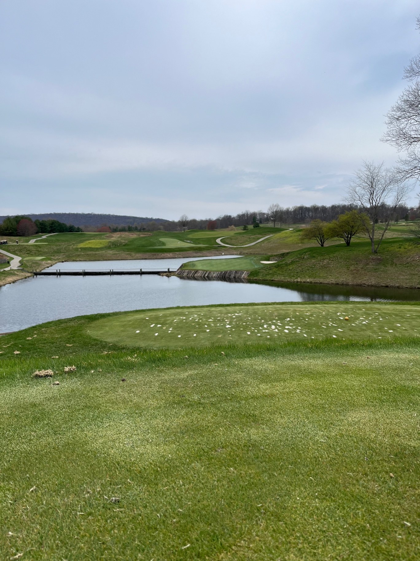 Tee view across a pond toward a green at P.B. Dye Golf Club in Ijamsville, Maryland, with rolling hills and a wooden bridge