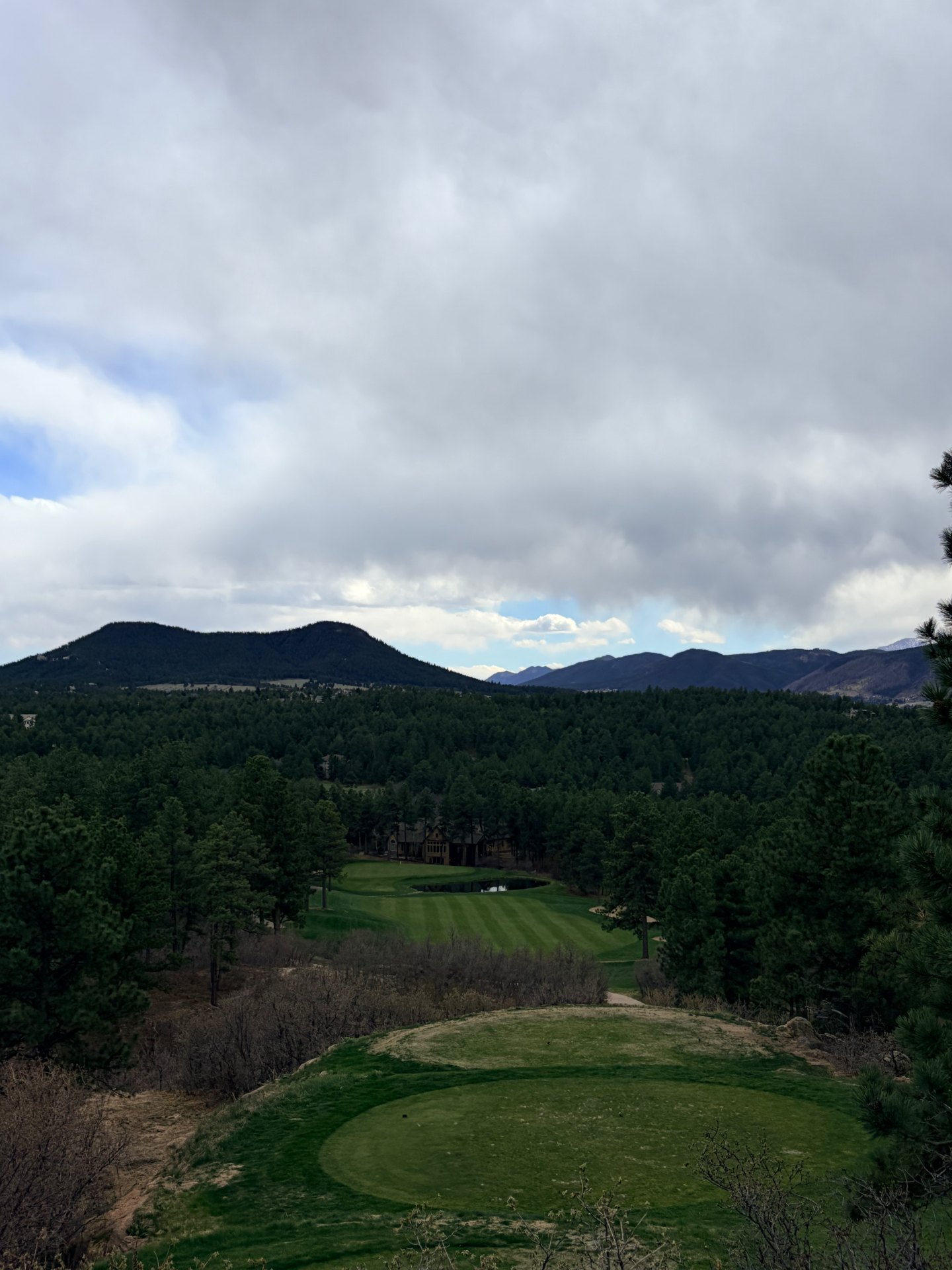 Elevated tee view at The Golf Club at Bear Dance over ponderosa pines toward a striped fairway, pond and Front Range foothills