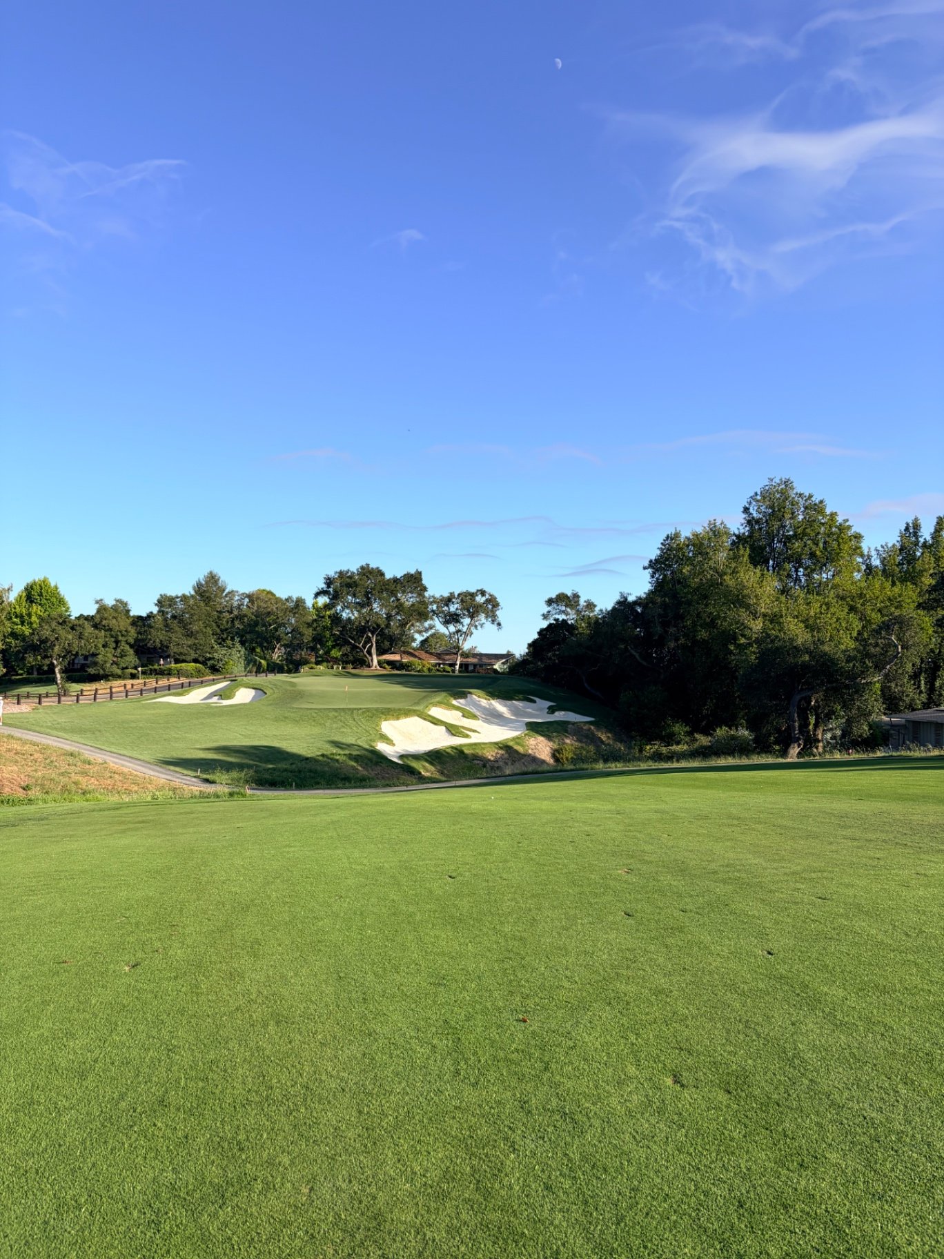 Fairway view toward a bunker-guarded green at Pasatiempo Golf Club in Santa Cruz, California