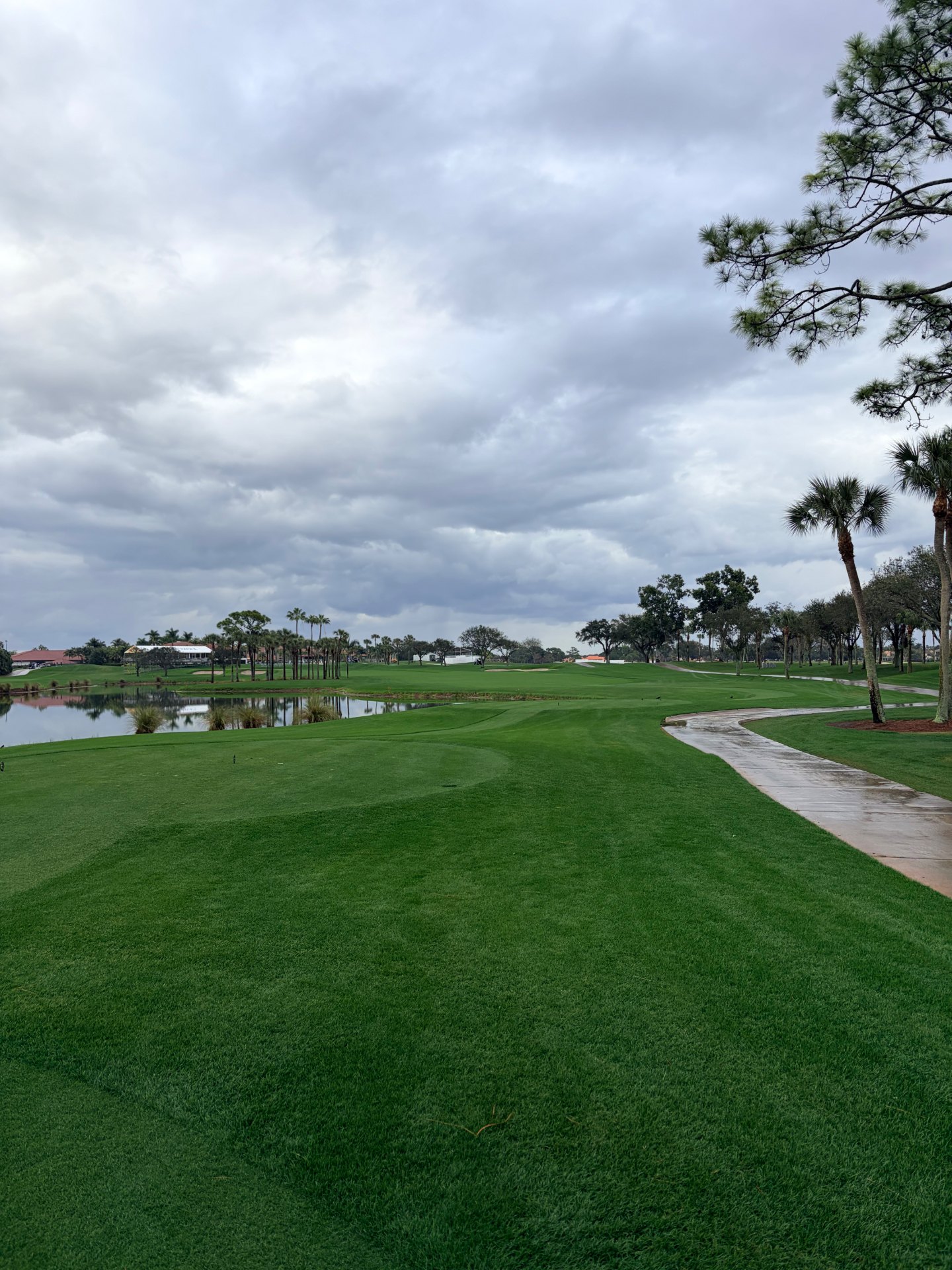 Fairway at PGA National Resort Champion Course with water hazard, palms and clubhouse in the distance